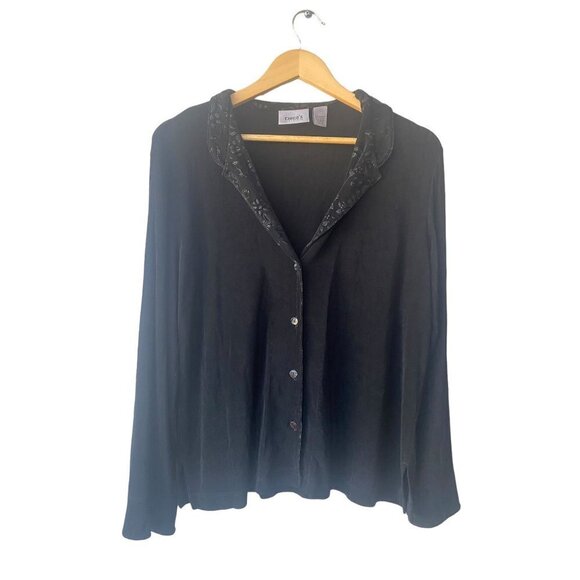 Chicos Travelers Cardigan Slinky Jacket Size 3/XL Black Fancy Collar Button - Picture 1 of 7